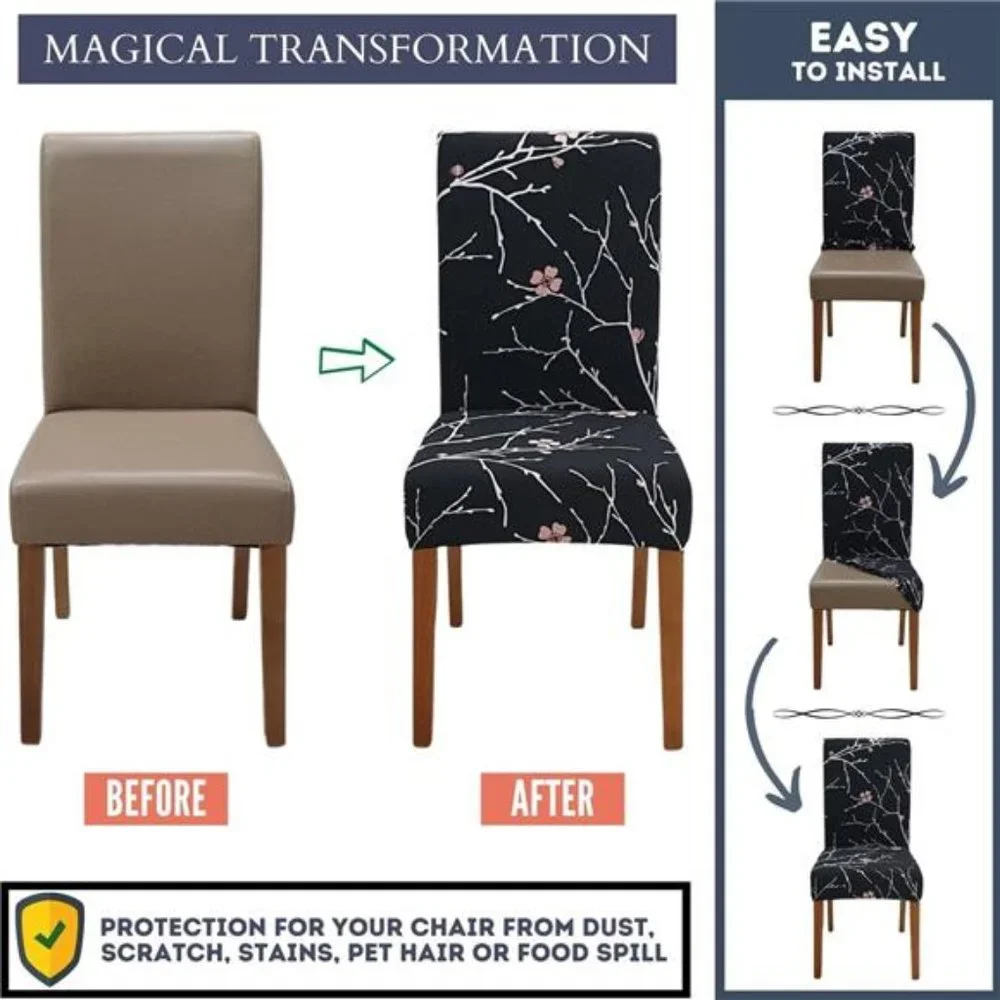 6 Pack, Stretch Dining Chair Cover, Removable Seat Protector - Flourish Black